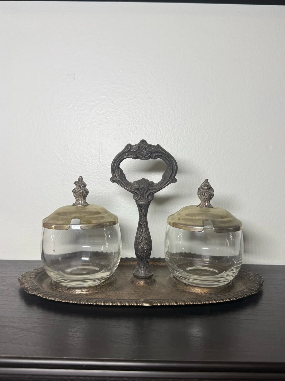 Vintage 1980s Silver Plated Glass Candy Jars & Handle